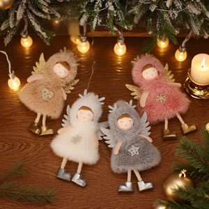 Set of four plush angel ornaments with reindeer antlers and wings for Christmas tree decor