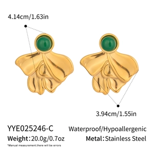 Detailed view of geometric lapis earrings with size specs and waterproof steel features