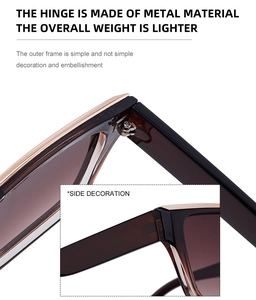 Detail of square sunglasses showing metal hinge and lightweight frame design