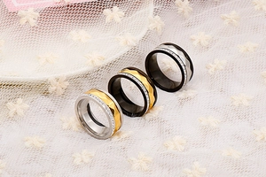 Detail of titanium steel rings with diamond-encrusted rhombic pattern in three colors