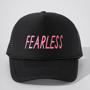 Black trucker hat with pink Fearless embroidery and breathable mesh back for outdoors