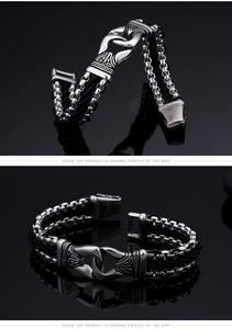 Macro detail of men's multi-layer black braided cord bracelet with silver metal clasp