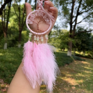 Pink tree of life dreamcatcher car hanging ornament with natural crystals and feathers