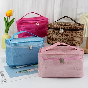 Portable Cosmetic Bag Large Capacity Jacquard Fabric Letter Pattern Travel Toiletry Organizer With Mirror Square For Women