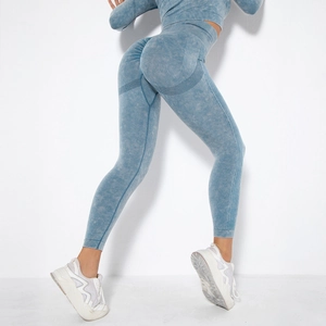 Detailed close-up of seamless high-waist yoga pants with scrunch butt lift and marble texture