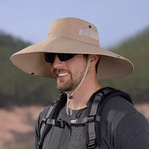 Cappello da sole kaki da uomo a tesa larga con rete traspirante per escursioni all'aperto