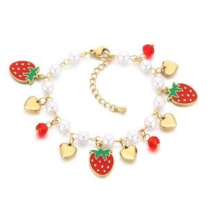 Pastel strawberry and fruit charm bracelet with gold hearts and white pearls