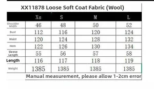 Detailed size chart for loose wool coat showing bust, sleeve, and length measurements