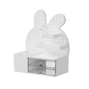 White rabbit-shaped desk organizer with pegboard and transparent double drawers for storage