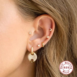 925 sterling silver gold stud earring set featuring star moon heart and triangle shapes