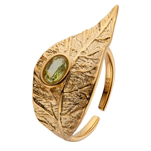 S925 sterling silver leaf ring with oval green gemstone and textured gold finish