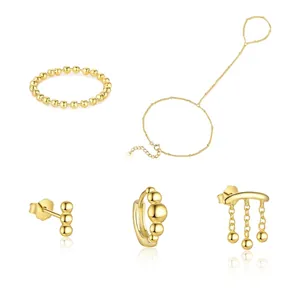 925 Sterling Silver Round Bead Tassel Stud Earrings Ring Hand Chain Gold Plated Geometric Fashion Jewelry For Women