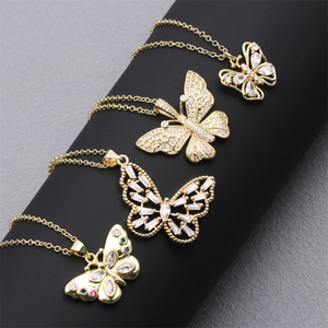 Luxury 18K gold-plated copper butterfly necklaces with micro-pave cubic zirconia crystals