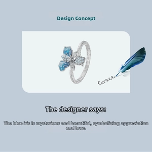 Detailed macro view of S925 sterling silver ring with blue iris flower and fine engraving