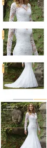 Detailed views of a long sleeve white lace wedding dress with deep V-neck and mermaid tail