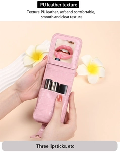 Pink crocodile pattern PU leather lipstick case with built-in mirror and hand-held view