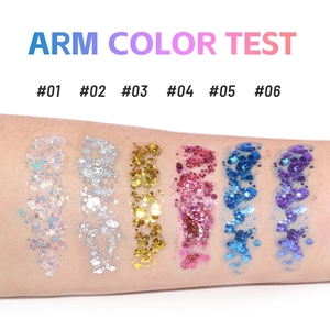 Arm color test of 6 shades body glitter gel with star shaped sequins for festival makeup
