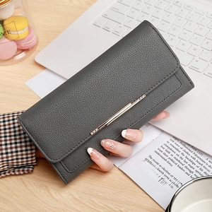Three-fold grey lychee pattern leather wallet for women with golden metal bar detail