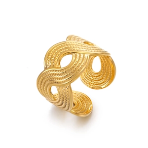 Minimalist gold plated stainless steel open ring with elegant hollow wavy line pattern