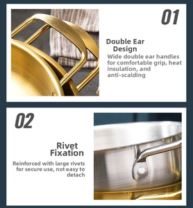 Detail of insulated double handles with reinforced rivets on gold and silver pans