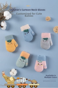 Close-up of kids' winter knitted neck-string gloves in five macaron color combinations