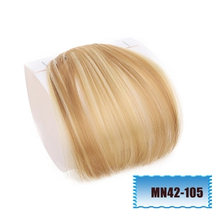 Close-up of golden synthetic hair bangs MN42-105 on a white curved display stand