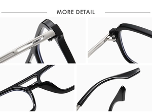 Detail view of glossy black sunglasses frame with double bridge and silver metal hinges