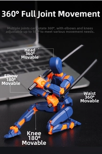 Detail of 3D printed poseable dummy in blue and orange with twin swords and 360° joint movement