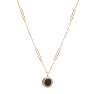 Rose gold Roman numeral necklace featuring a circular black pendant on a white background