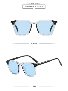Detail view of square transparent black frames with blue lenses and metal rivet accents