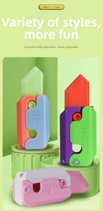 Three 3D gravity radish knives in orange-blue, green-red, and pink-white color schemes