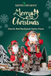 Three sizes of Santa Claus figurines with red backpacks and skateboards on snow