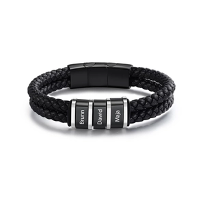 Double-layered black braided leather bracelet with magnetic clasp and custom engraved beads