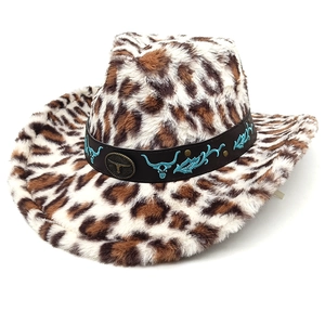 Chapeau de cowboy en peluche léopard avec large bord et emblème de taureau vintage