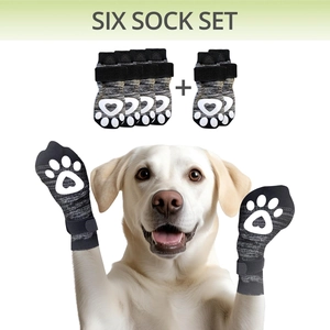6-pack of waterproof non-slip gray knit dog socks with velcro straps and heart paw prints