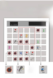 Detail of creative interactive scratch card game with minesweeper grid and fun challenges