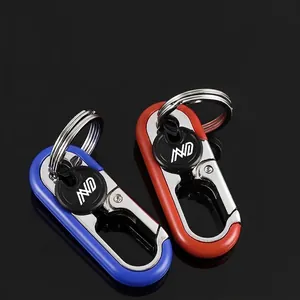 Premium zinc alloy car keychain with dual rings in blue and orange on black mirror base