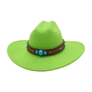 Detail of neon green suede cowboy hat with turquoise and studded leather band