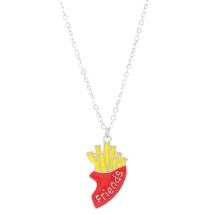 Detail of silver chain necklace with red and yellow French fries Friends pendant