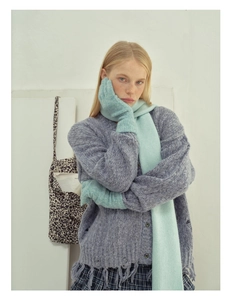 Close-up of soft knit wool blend winter gloves with touch screen compatible fingertips