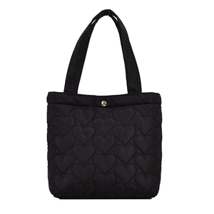 Black heart-quilted Oxford fabric tote bag with a golden snap button closure