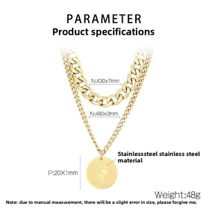 Detailed view of gold double-layer chain necklace with queen coin pendant and sizes