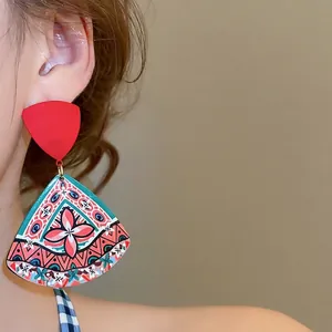 Vintage geometric acrylic drop earrings with red triangle and retro floral patterns