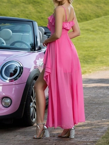 Elegant hot pink high-low chiffon dress with ruffled layers and a V-neck open back design