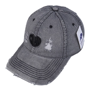 Washed grey distressed denim baseball cap with heart embroidery and vintage frayed detail