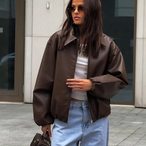 Women Faux Leather Jacket Coffee Oversized Vintage PU Bomber Coat With Zipper Lapel Casual Fashion Long Sleeve Outwear