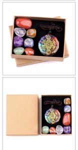 Chakra resin pendant set with 7 polished raw energy stones in a premium gift box