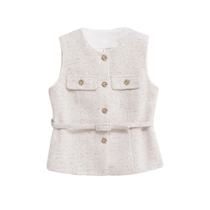 Elegante Tweed-Weste in Creme mit Goldknöpfen und passendem Gürtel für Damen