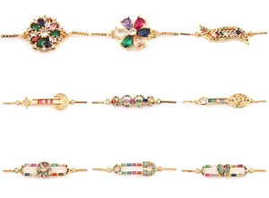 Shiny Colorful Zircon Adjustable Bracelet For Women Copper Gold Plated Micro Pave Flower Star Moon Charm Jewelry