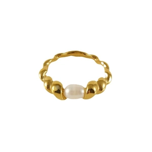 18K gold-plated stainless steel twisted rope ring featuring a white oval natural pearl